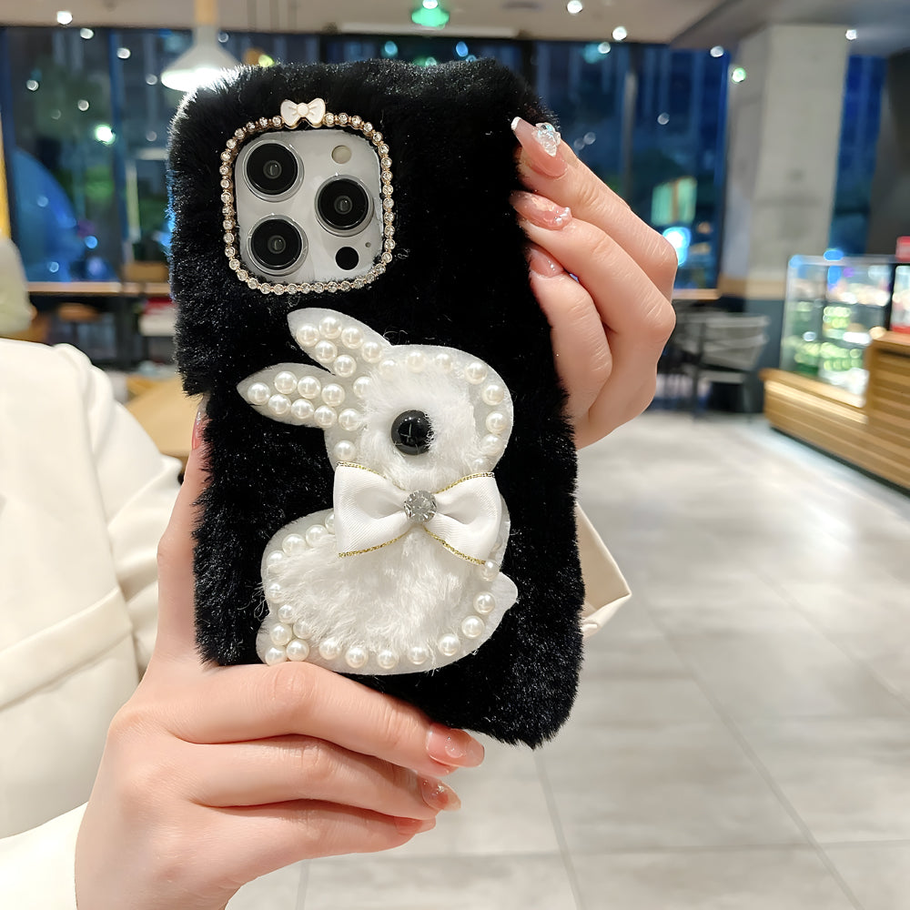 Fluffy Furry Pearl Anti-Fall Rabbit Pattern Case - Vivo T2X