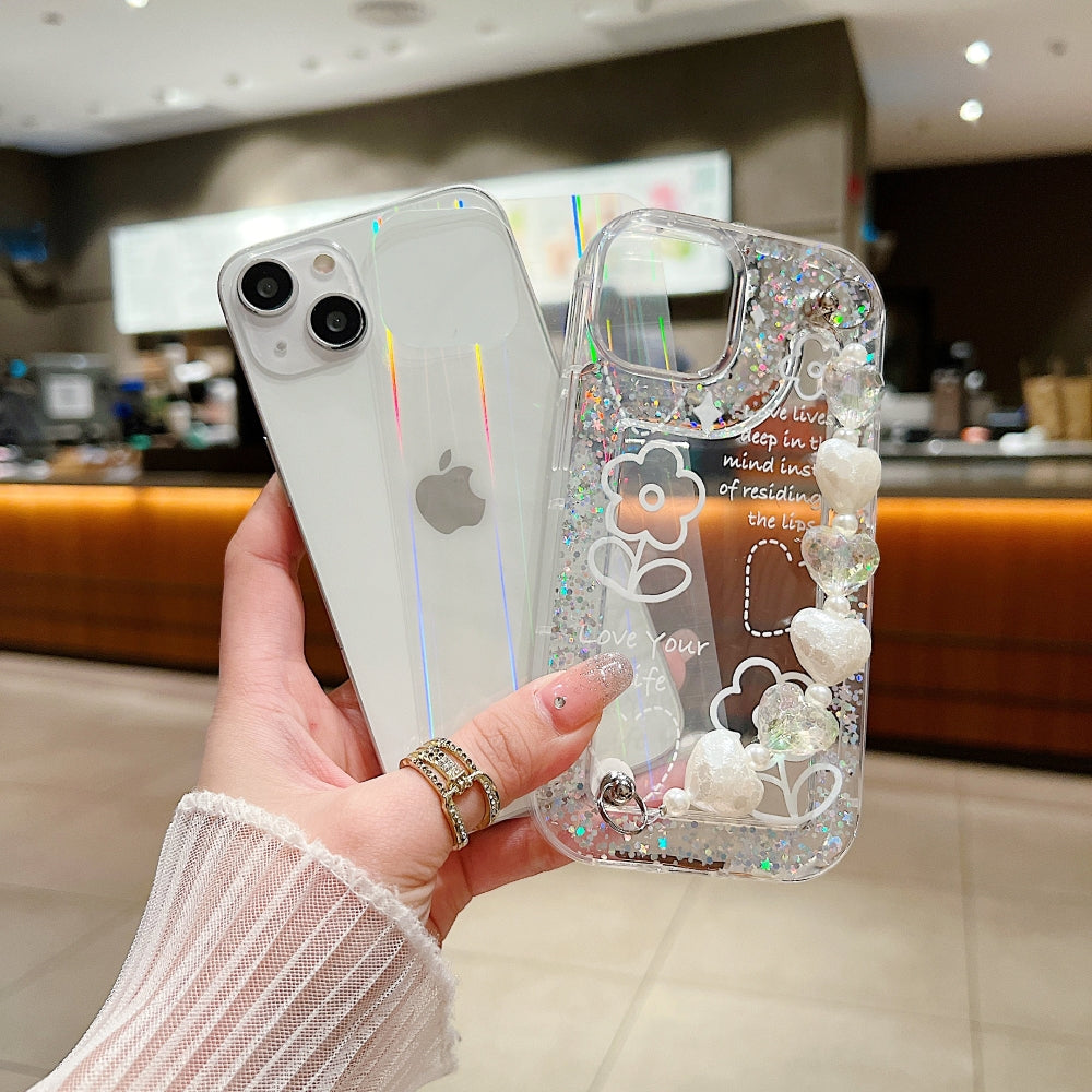 Glittery Printed Clear TPU (Soft) Phone Case with Heart Chain Bracelet - iPhone 14