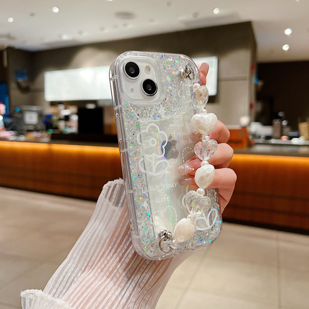 Glittery Printed Clear TPU (Soft) Phone Case with Heart Chain Bracelet - iPhone 14