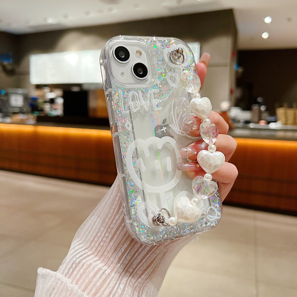 Glittery Printed Clear TPU (Soft) Phone Case with Heart Chain Bracelet - iPhone 14