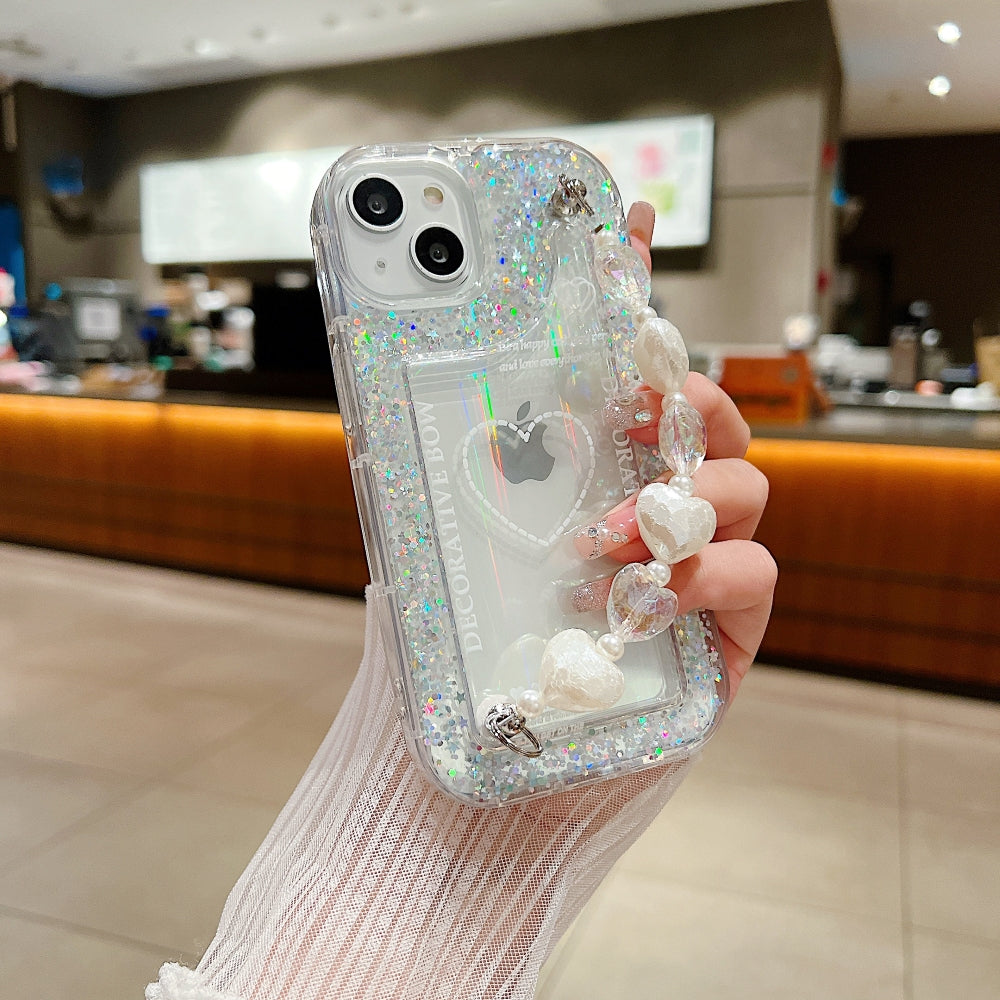 Glittery Printed Clear TPU (Soft) Phone Case with Heart Chain Bracelet - iPhone 14