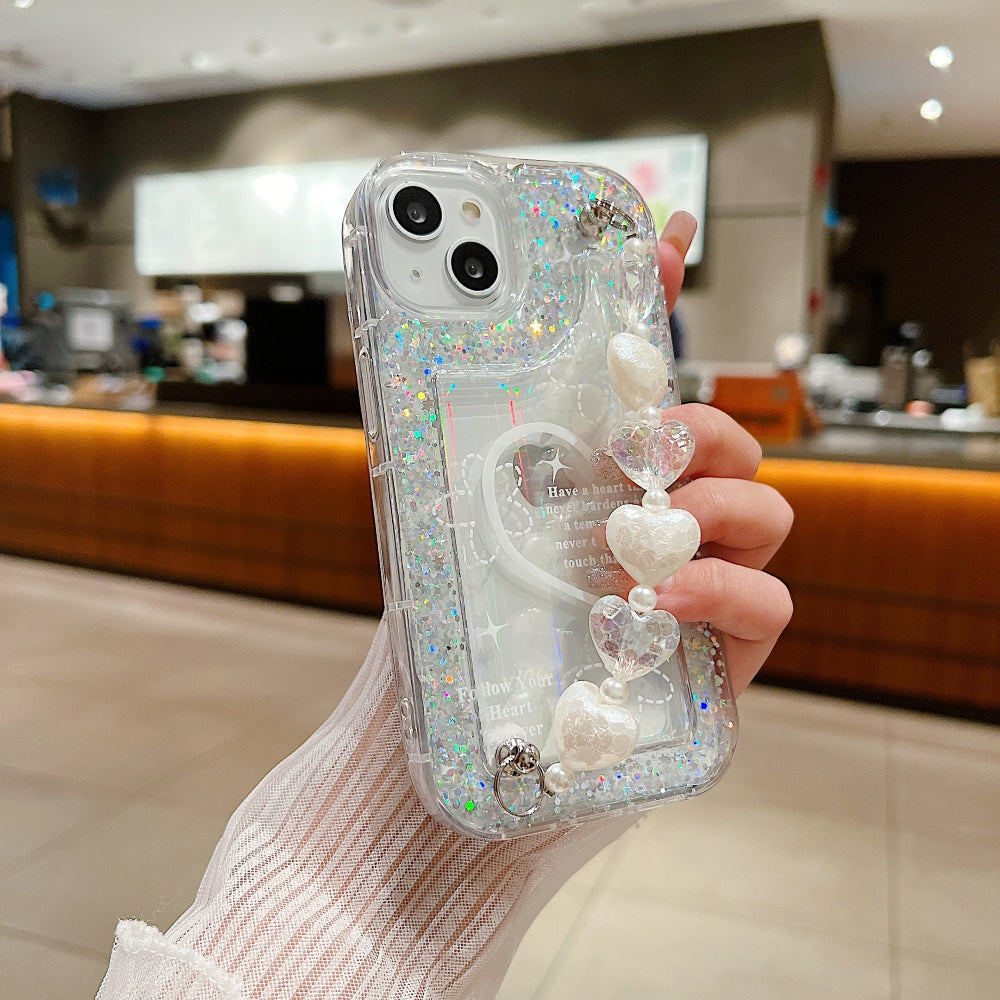 Glittery Printed Clear TPU Phone Case with Heart Chain Bracelet