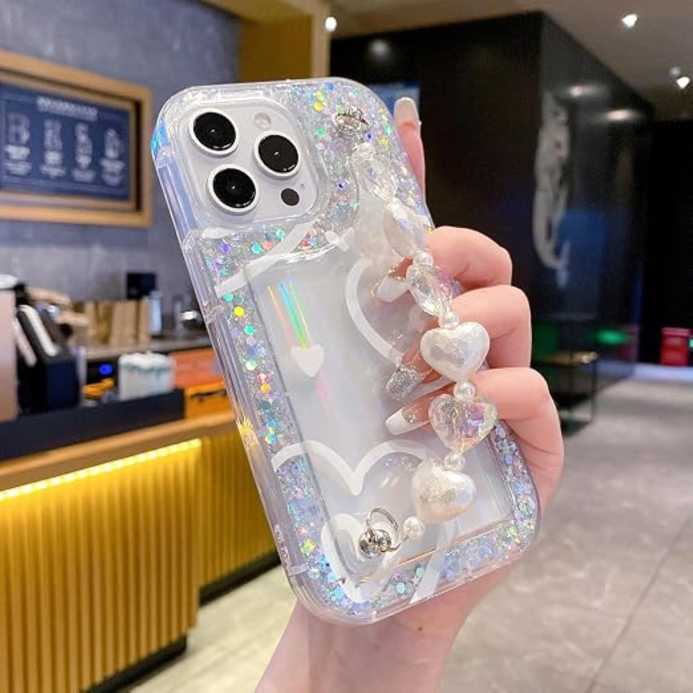 Glittery Printed Clear TPU Phone Case with Heart Chain Bracelet