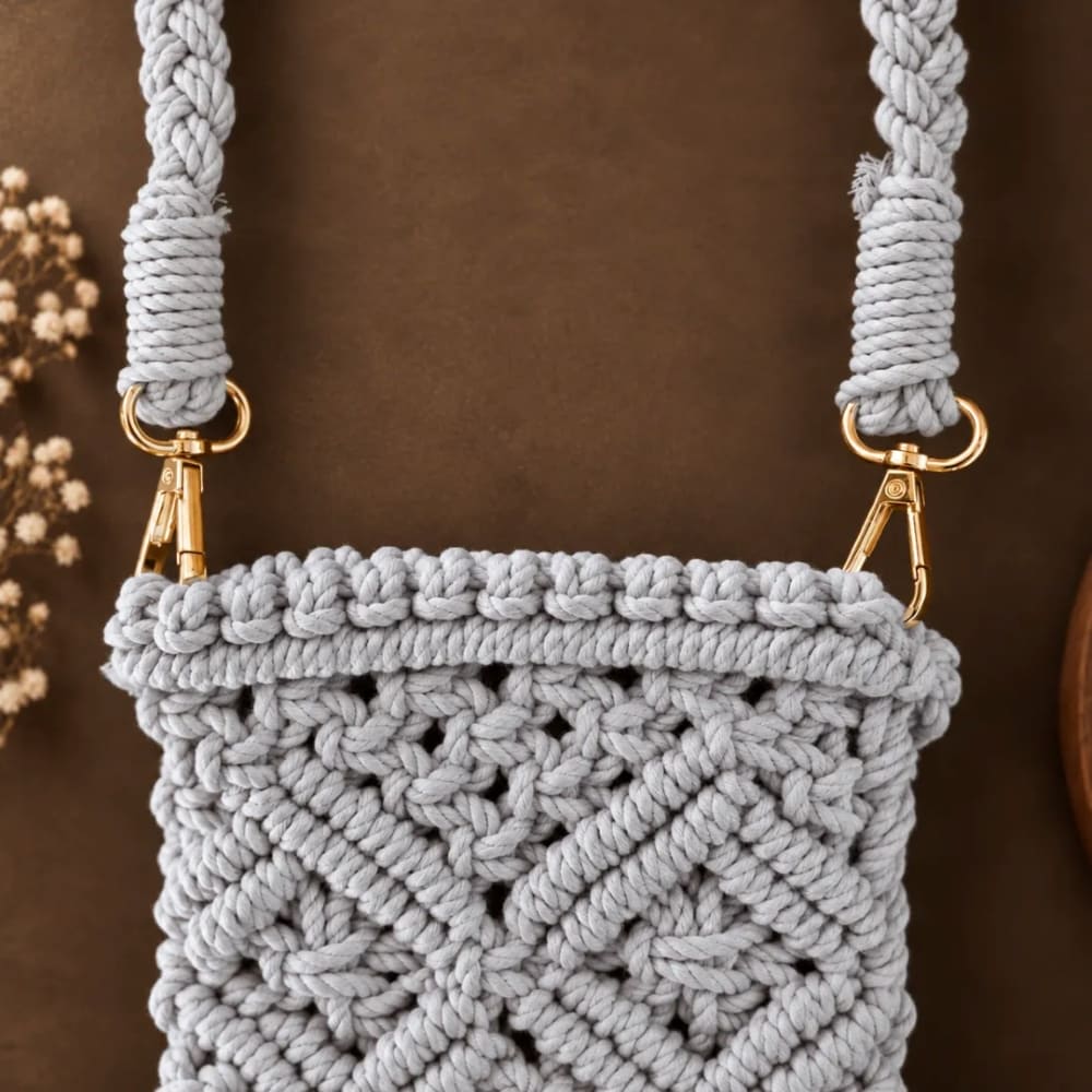 Handwoven Cream Crossbody Bag with Diamond Pattern & Fringe Tassels