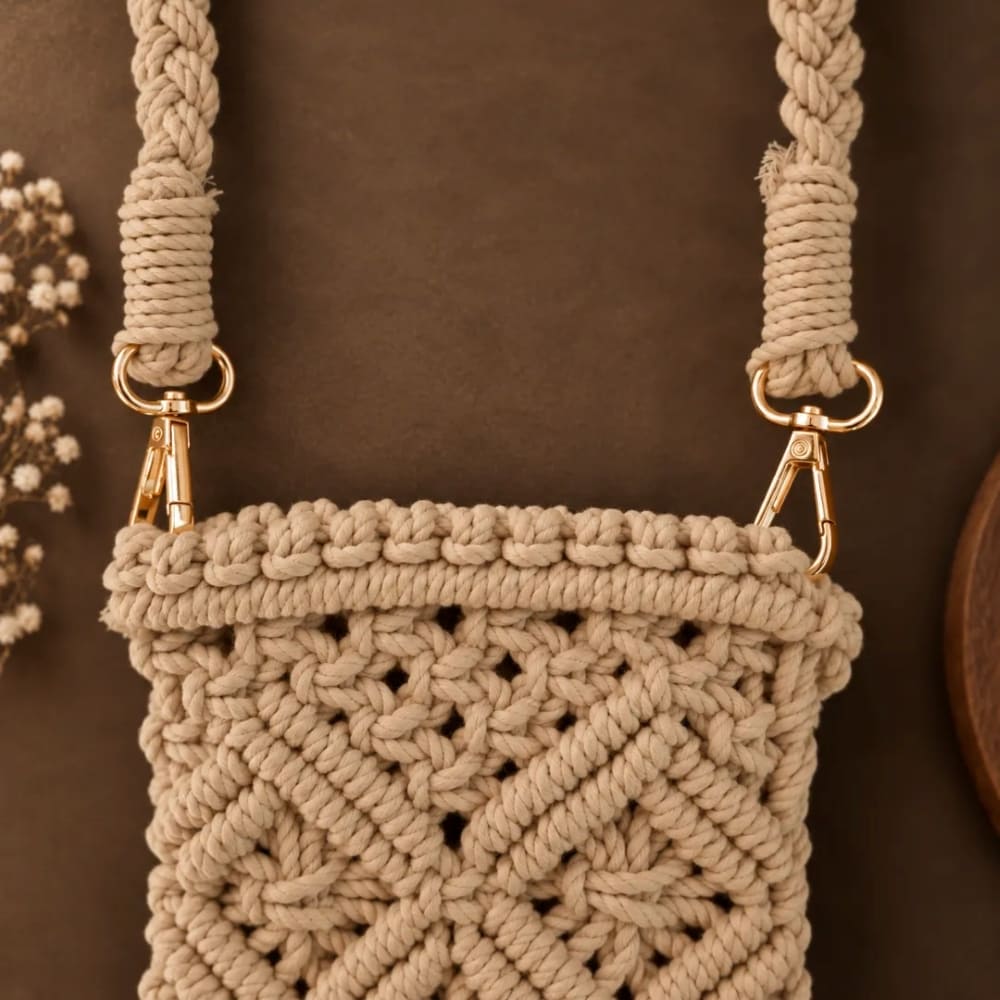 Handwoven Cream Crossbody Bag with Diamond Pattern & Fringe Tassels
