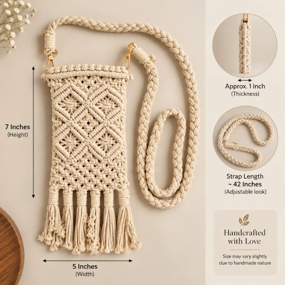 Handwoven Cream Crossbody Bag with Diamond Pattern & Fringe Tassels