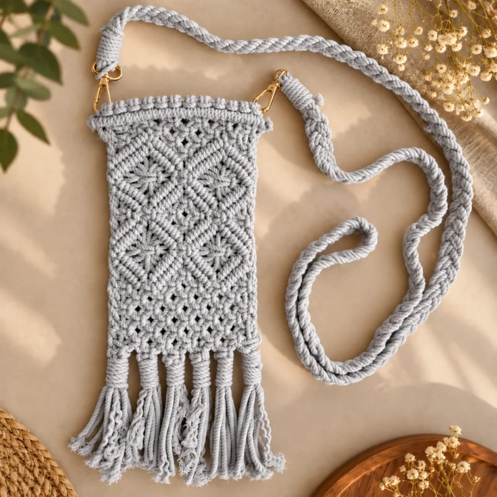 Handwoven Cream Crossbody Bag with Diamond Pattern & Fringe Tassels