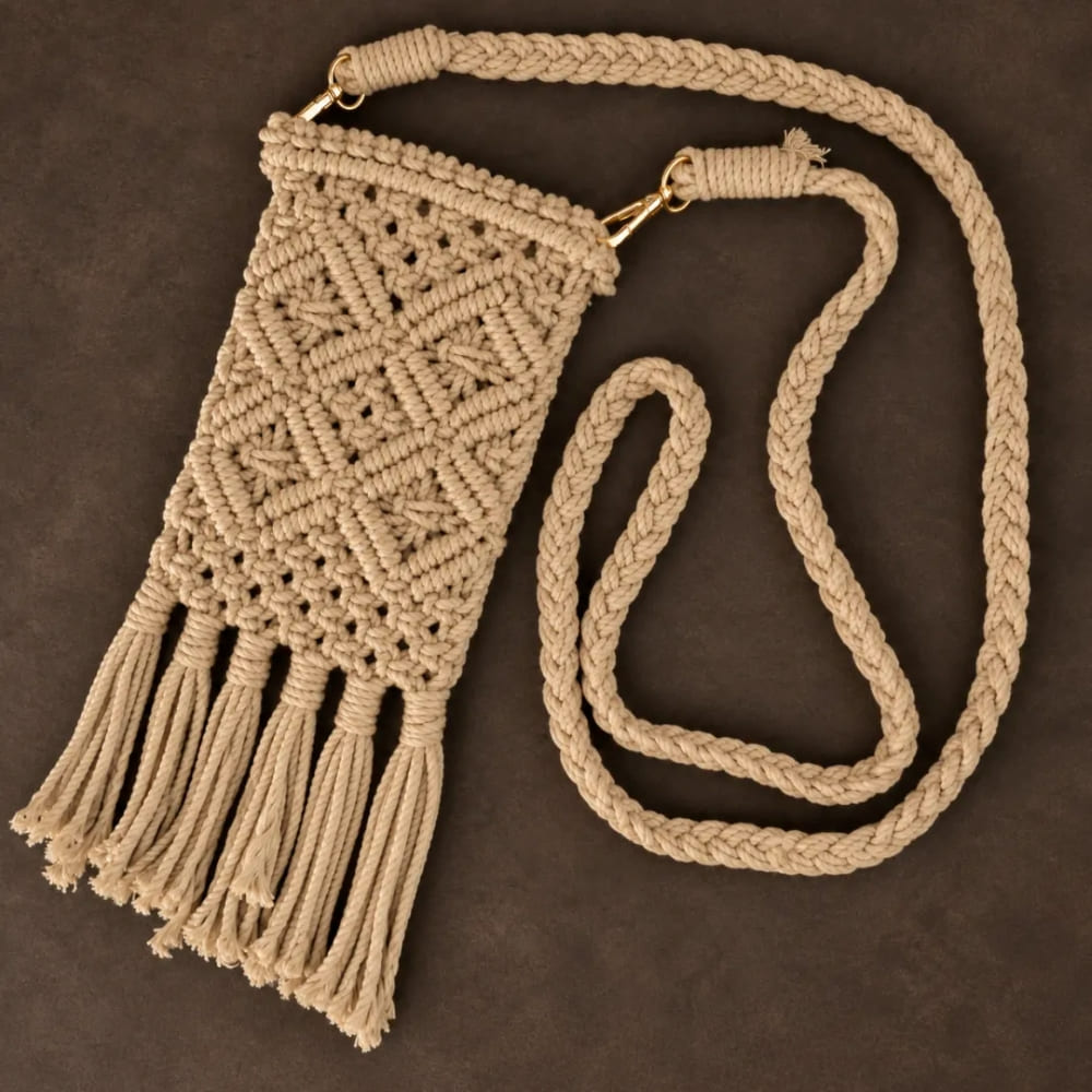 Handwoven Cream Crossbody Bag with Diamond Pattern & Fringe Tassels