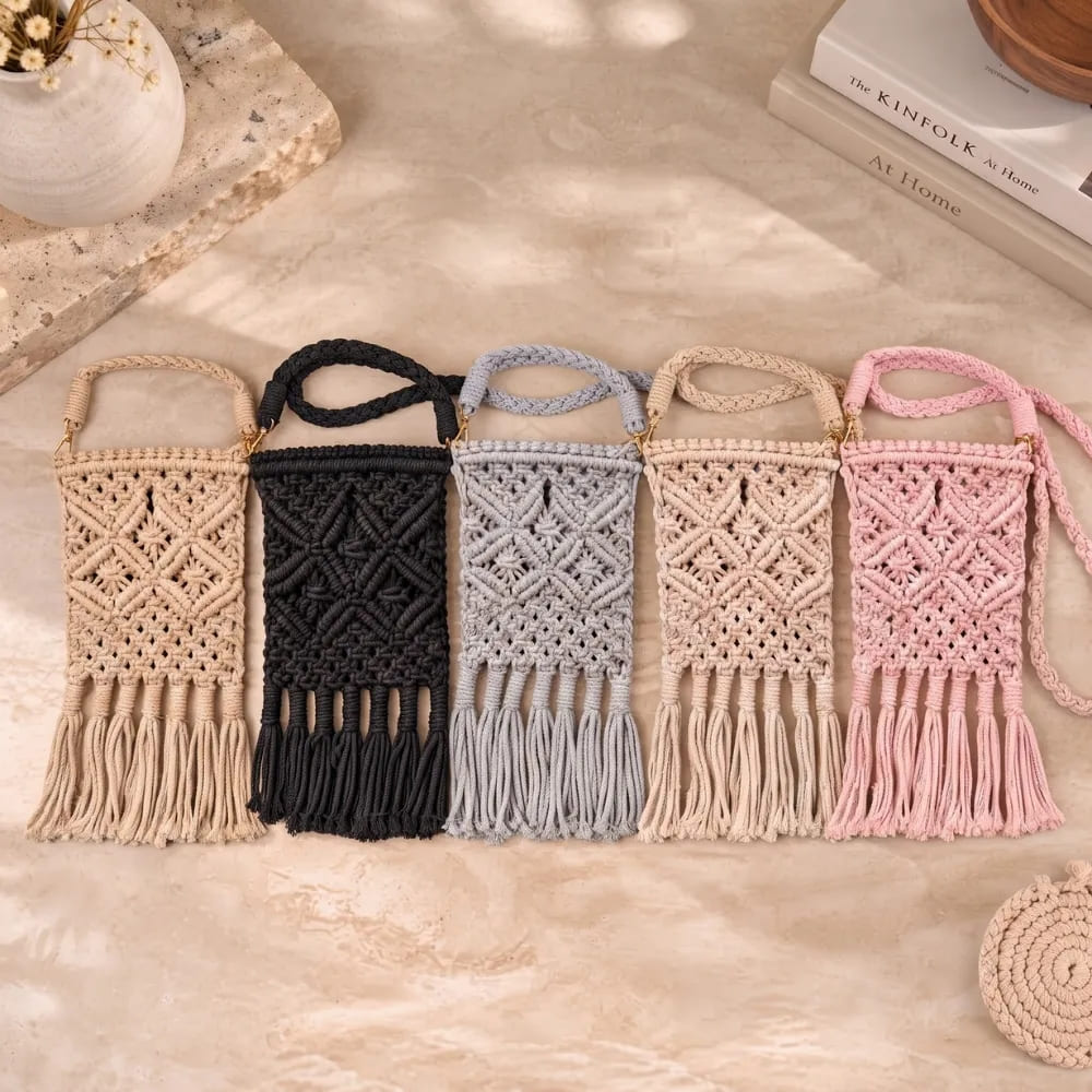 Handwoven Diamond Pattern Crossbody Bag with Fringe Tassels
