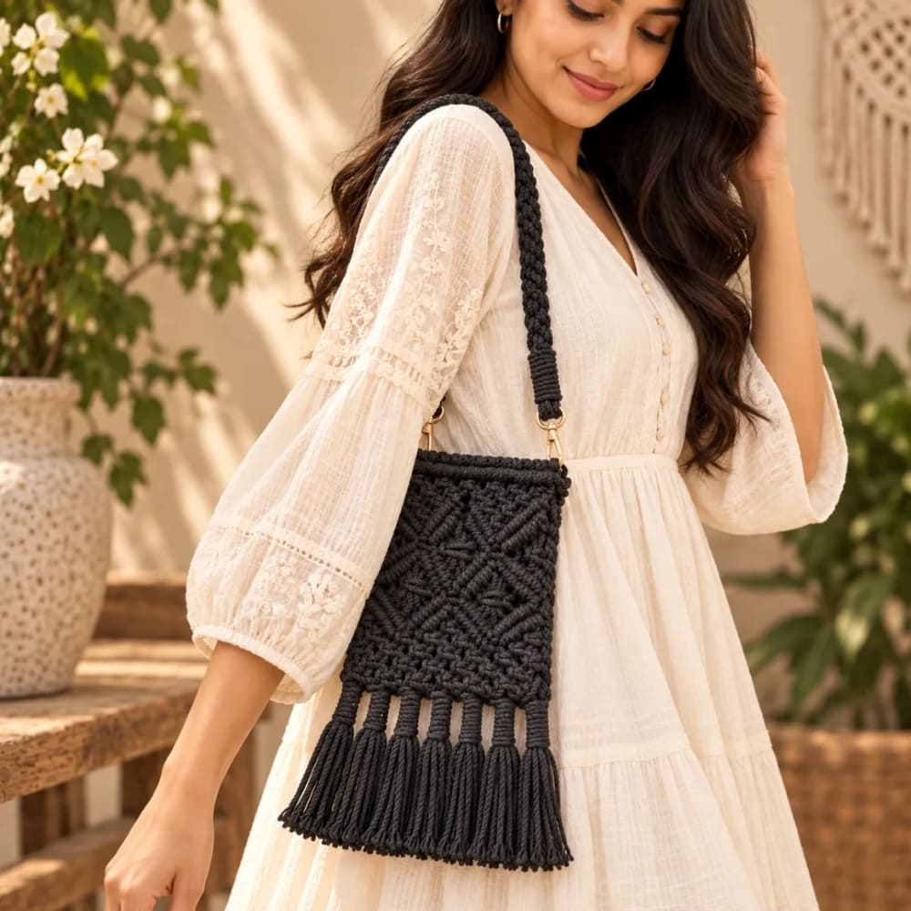 Handwoven Diamond Pattern Crossbody Bag with Fringe Tassels