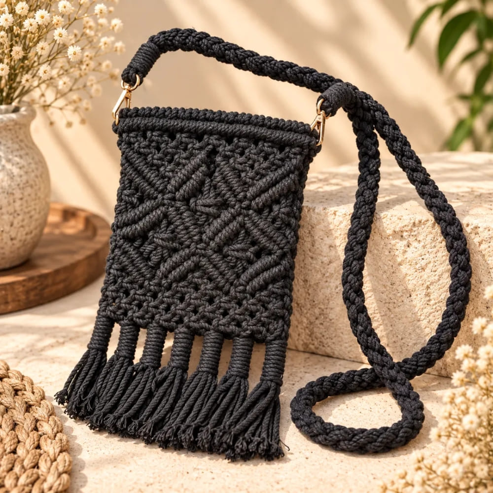 Handwoven Diamond Pattern Crossbody Bag with Fringe Tassels