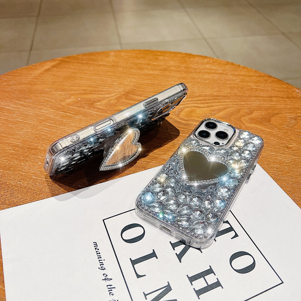 Heart Shaped Makeup Mirror Diamond Phone Case