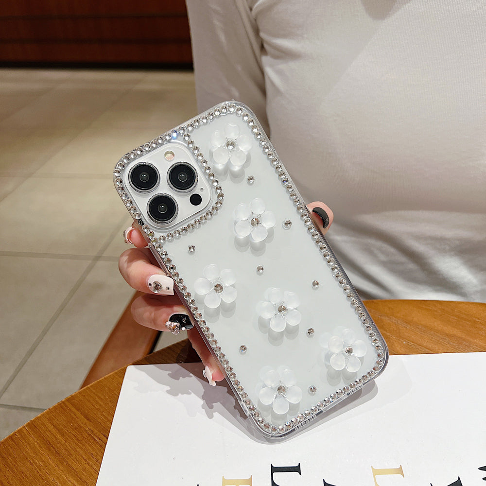 Five Leaf 3D Flower Diamond Border Transparent PC (Hard) | TPU (Soft) Phone Case - iPhone 14