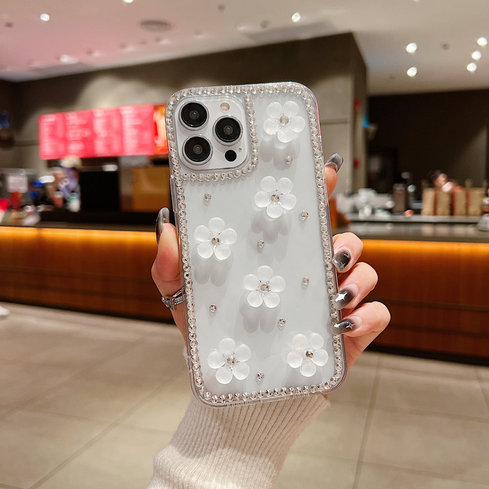 Five Leaf 3D Flower Diamond Border Transparent PC (Hard) | TPU (Soft) Phone Case - iPhone 14