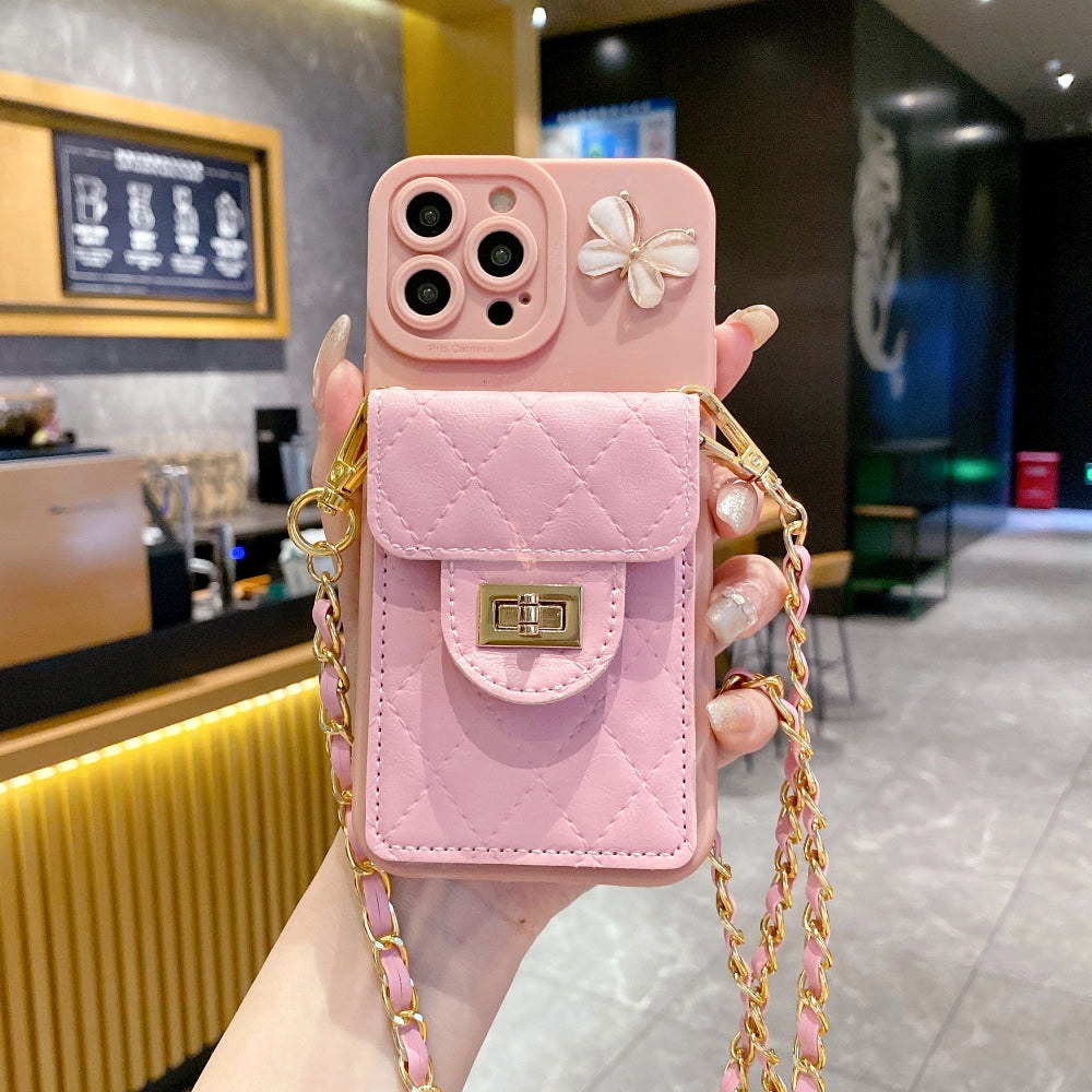 Luxury PU Leather Wallet Silicone Phone Case with Crossbody Chain Card Slot Bag - iPhone 14 Plus