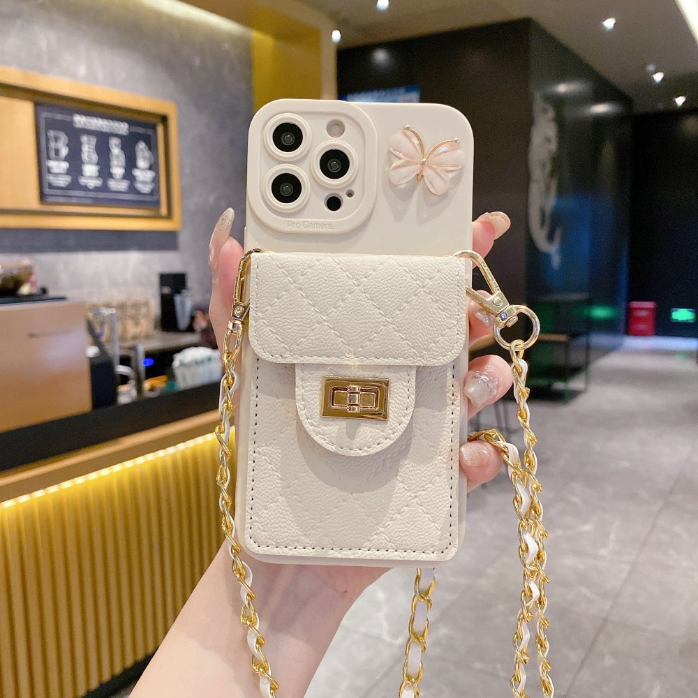 Luxury PU Leather Wallet Silicone Phone Case with Crossbody Chain Card Slot Bag - iPhone 16