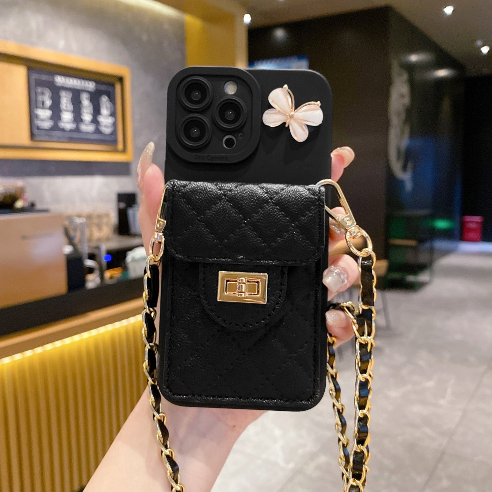 Luxury PU Leather Wallet Silicone Phone Case with Crossbody Chain Card Slot Bag - iPhone 13 Pro