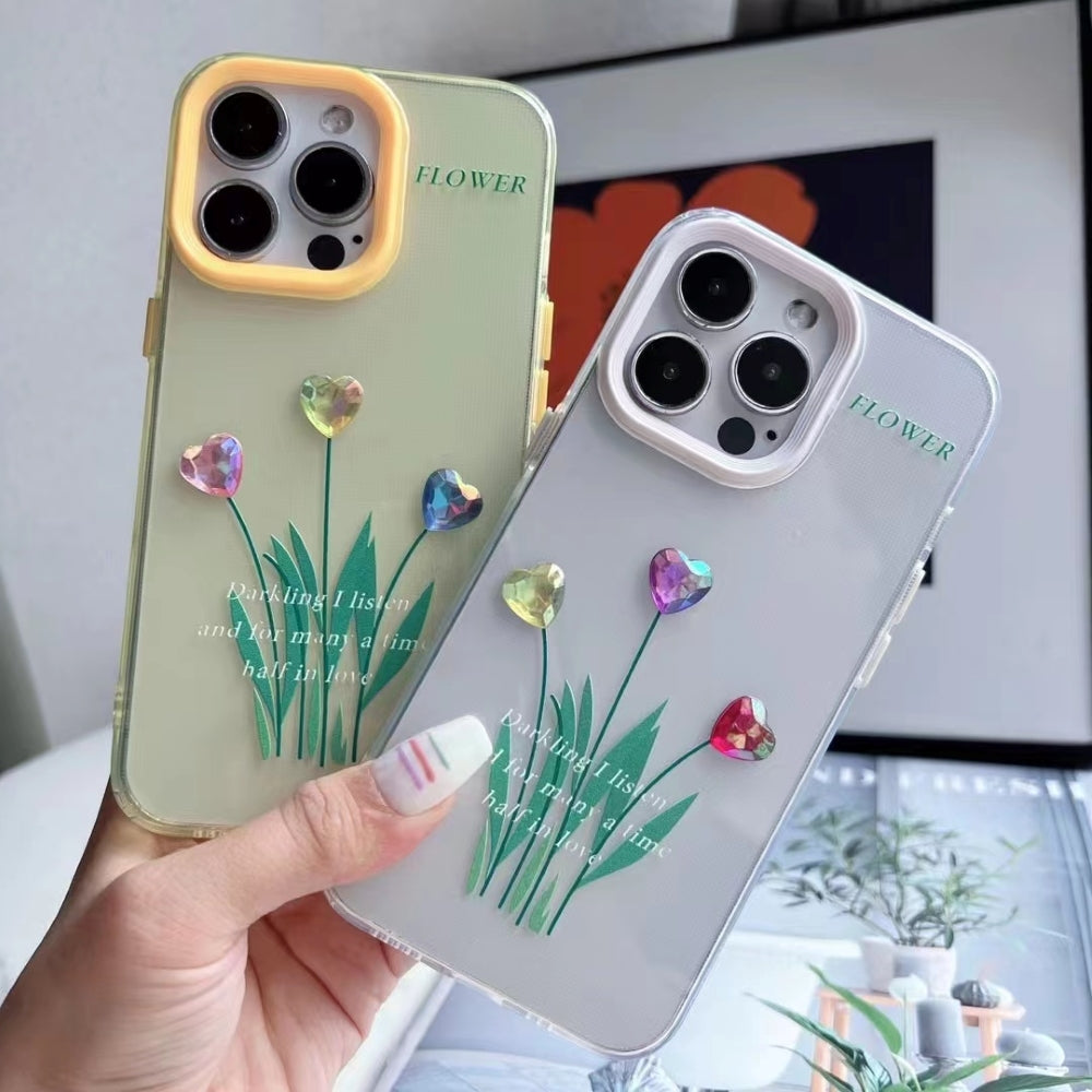 Grass Printing Little Heart Color Transparent TPU(Soft) Case - iPhone 13 Pro