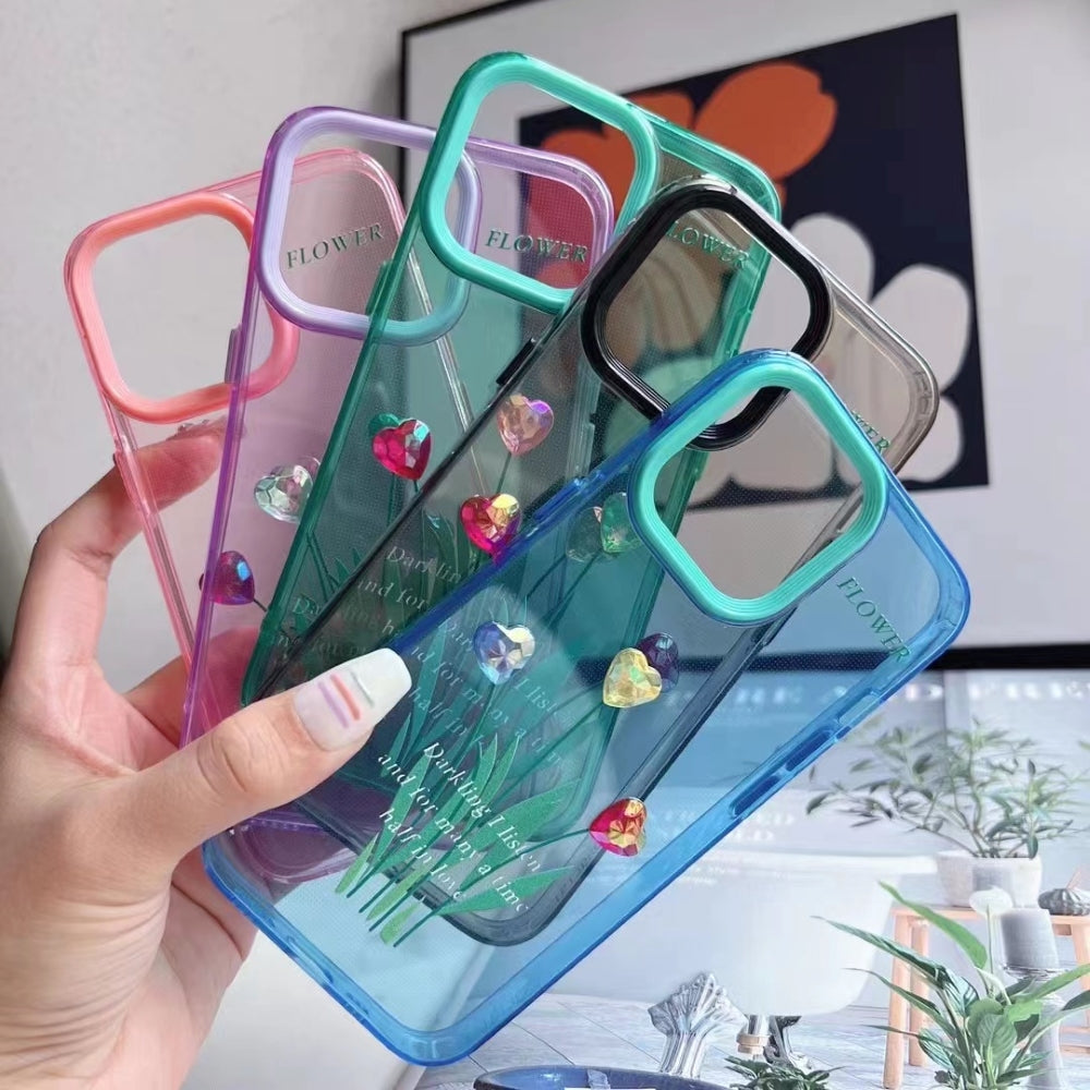 Grass Printing Little Heart Color Transparent TPU(Soft) Case - iPhone 14