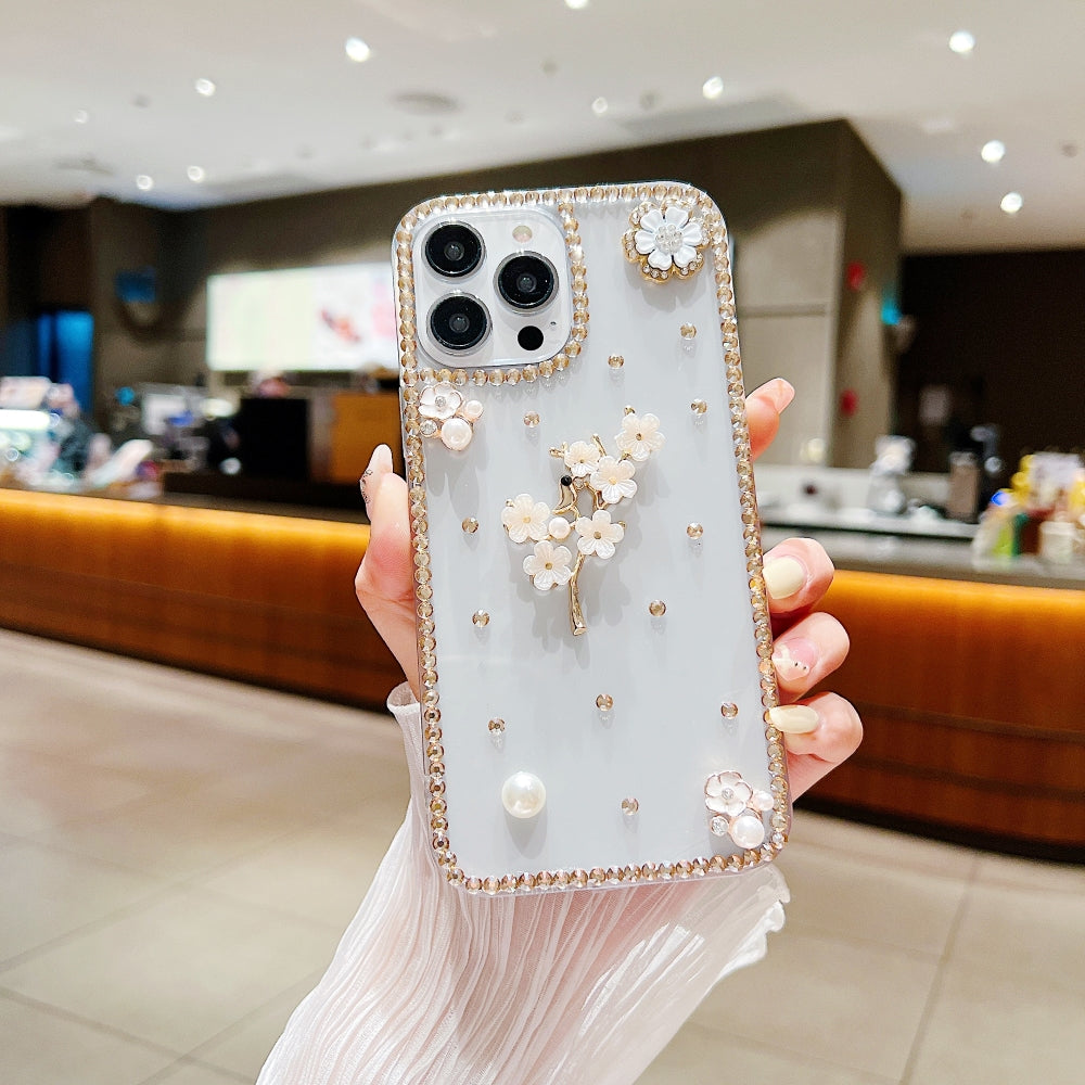 Handmade Jasmin Flower Pattern Diamond Border Transparent TPU(Soft) Case - iPhone 14 Plus