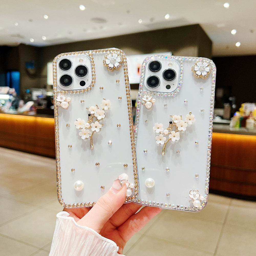 Handmade Jasmin Flower Pattern Diamond Border Transparent TPU(Soft) Case - iPhone 14