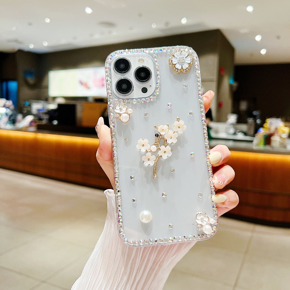 Handmade Jasmin Flower Pattern Diamond Border Transparent TPU(Soft) Case - iPhone 14