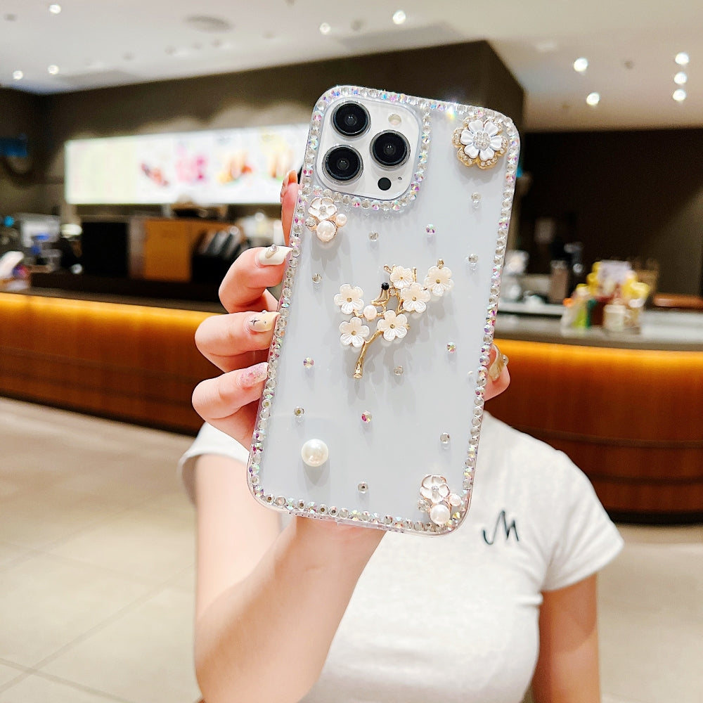 Handmade Jasmin Flower Pattern Diamond Border Transparent TPU(Soft) Case - iPhone 14