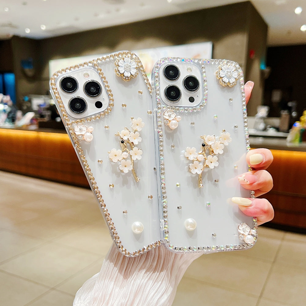 Handmade Jasmin Flower Pattern Diamond Border Transparent TPU(Soft) Case - iPhone 14