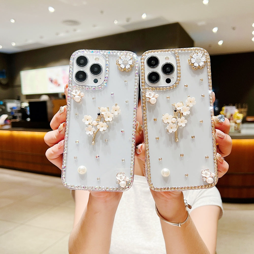 Handmade Jasmin Flower Pattern Diamond Border Transparent TPU(Soft) Case - iPhone 14 Plus