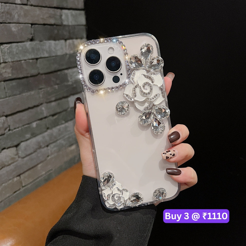 Luxury Camellia Water Diamond Transparent Phone Case - iPhone 16 Plus