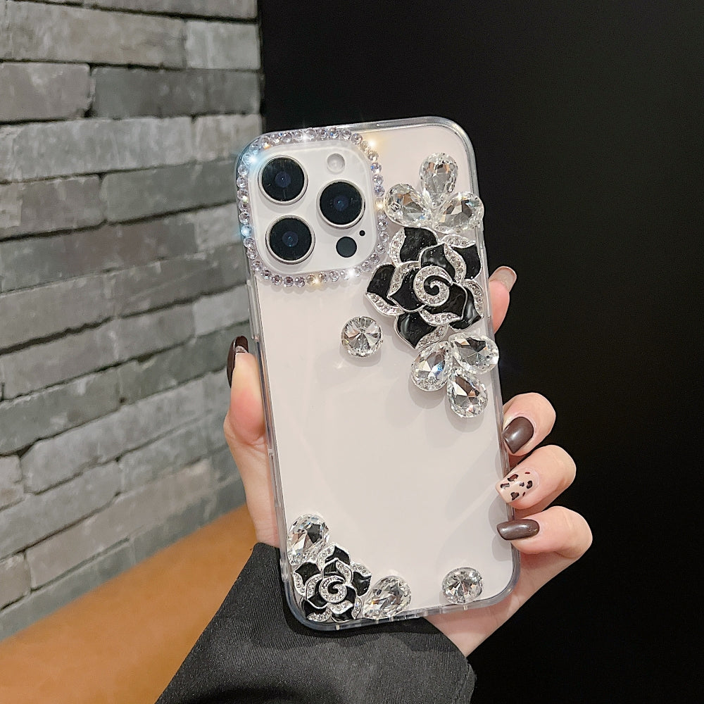 Luxury Camellia Water Diamond Transparent Phone Case - iPhone 14 Plus