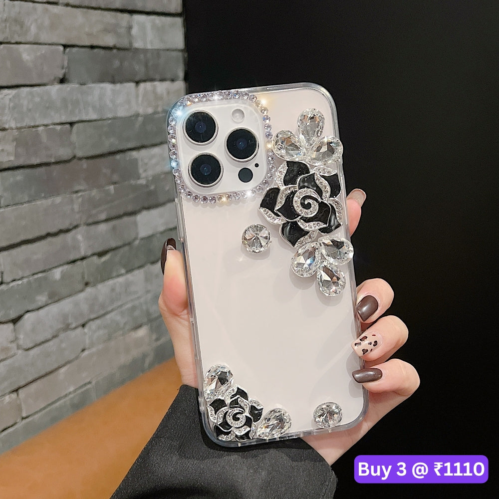 Luxury Camellia Water Diamond Transparent Phone Case - iPhone 16 Plus