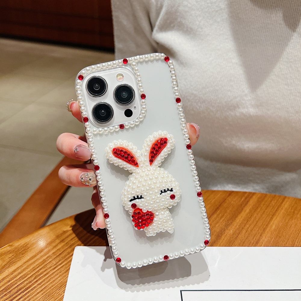 Cute 3D Pearl Rabbit with Pearl Border Transparent Phone Case - iPhone 15 Plus