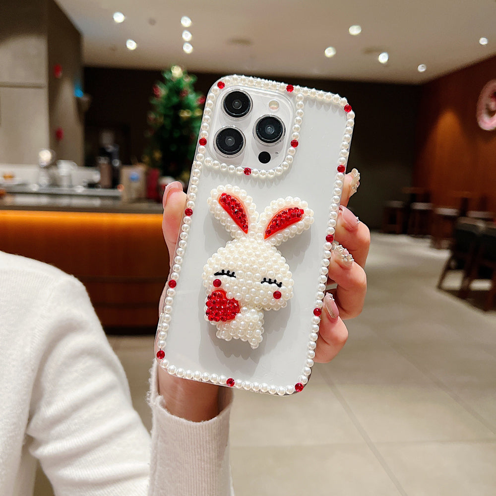 Cute 3D Pearl Rabbit with Pearl Border Transparent Phone Case - iPhone 15 Plus