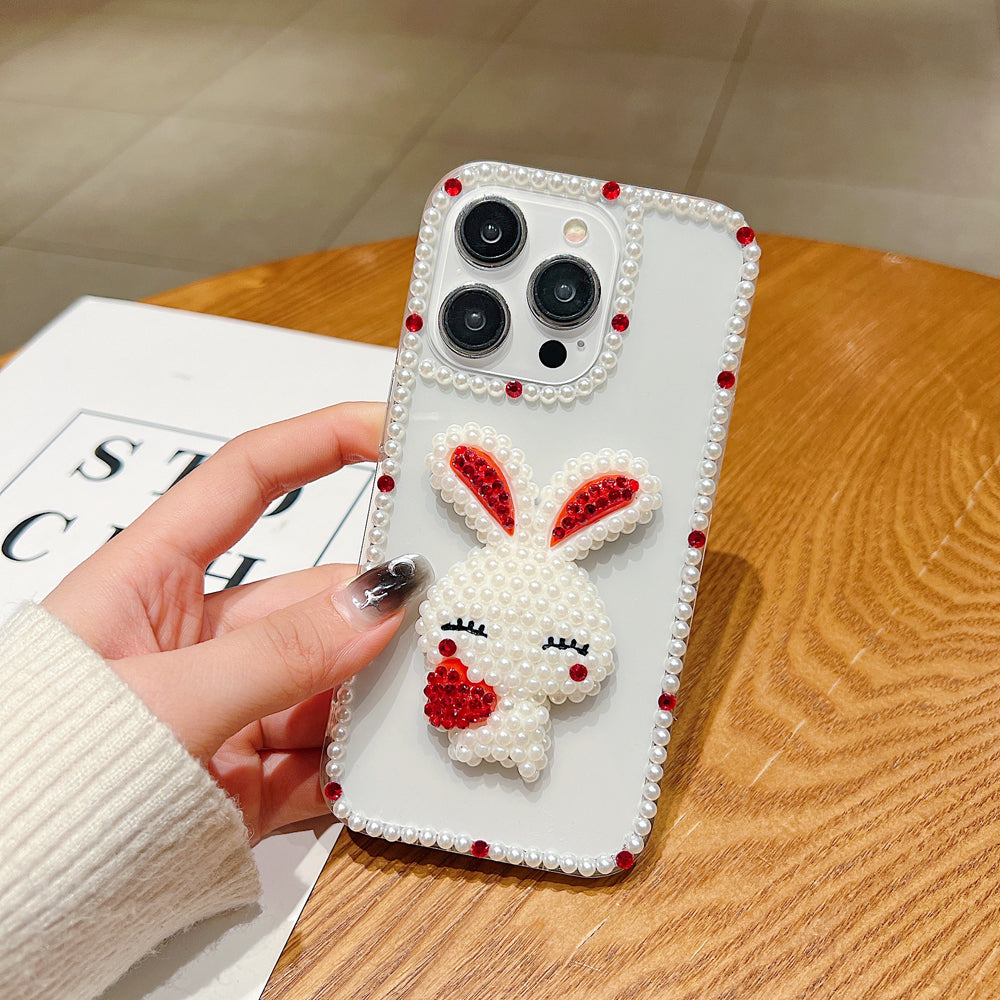 Cute 3D Pearl Rabbit with Pearl Border Transparent Phone Case - iPhone 15 Plus