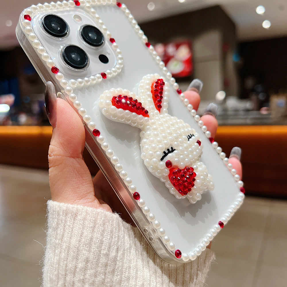 Cute 3D Pearl Rabbit with Pearl Border Transparent Phone Case - Samsung S22 Ultra