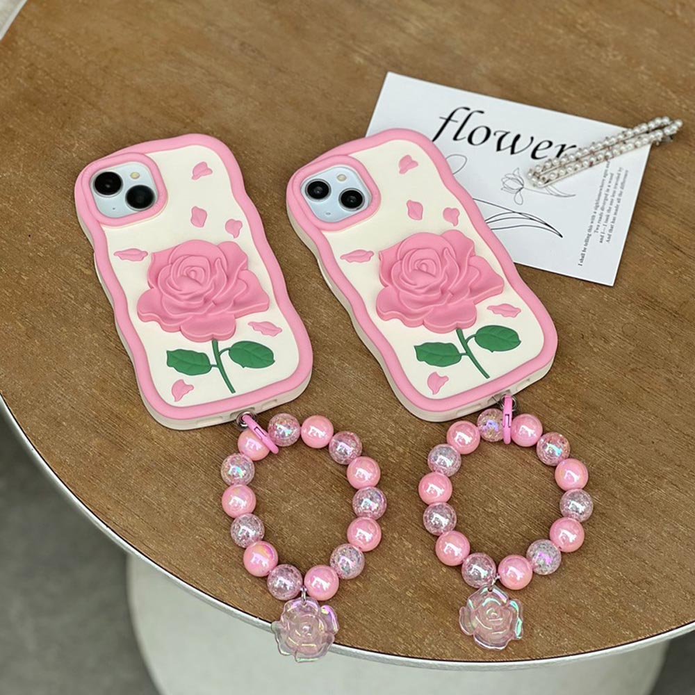 Pink Rose Silicone Soft Cover With Bracelet - iPhone 14