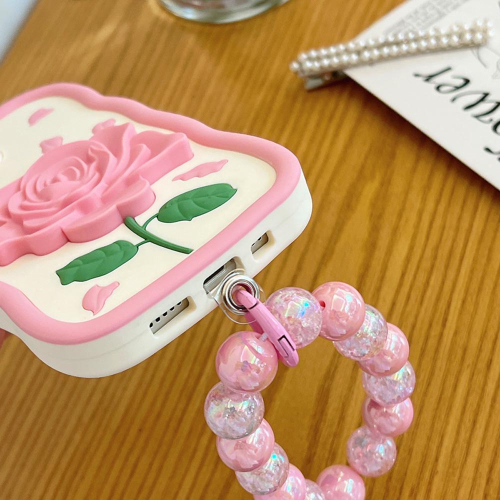 Pink Rose Silicone Soft Cover With Bracelet - iPhone 14