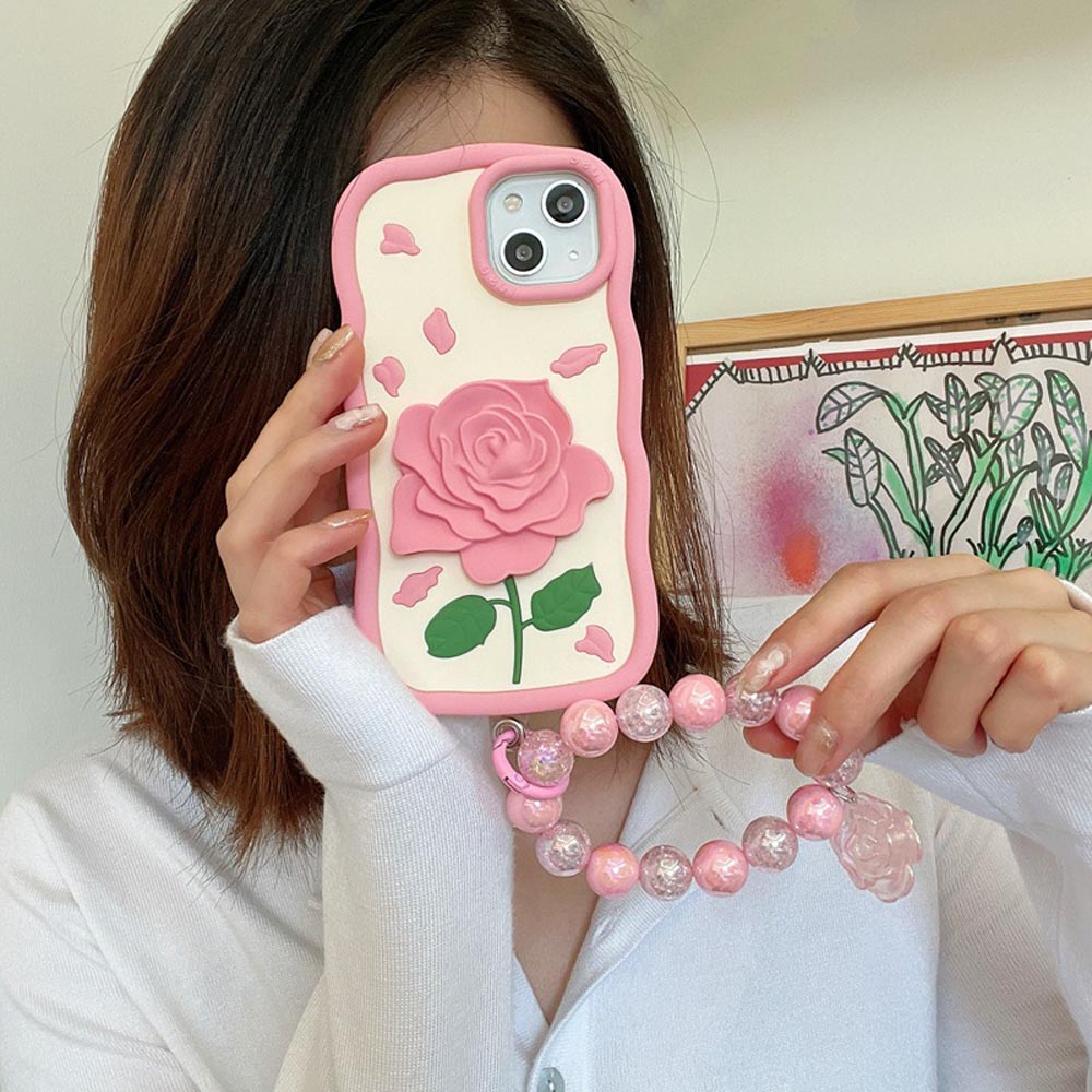 Pink Rose Silicone Soft Cover With Bracelet - iPhone 13 Pro