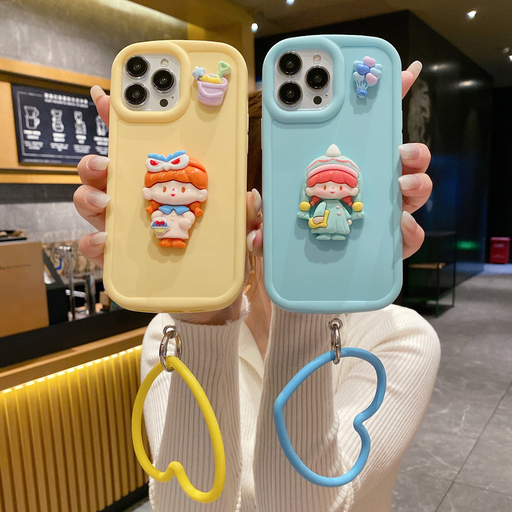 Cute Girl Cartoon 3D Princess Colored TPU (Soft) Phone Case with Heart Shape Bracelet - iPhone 14 Pro Max