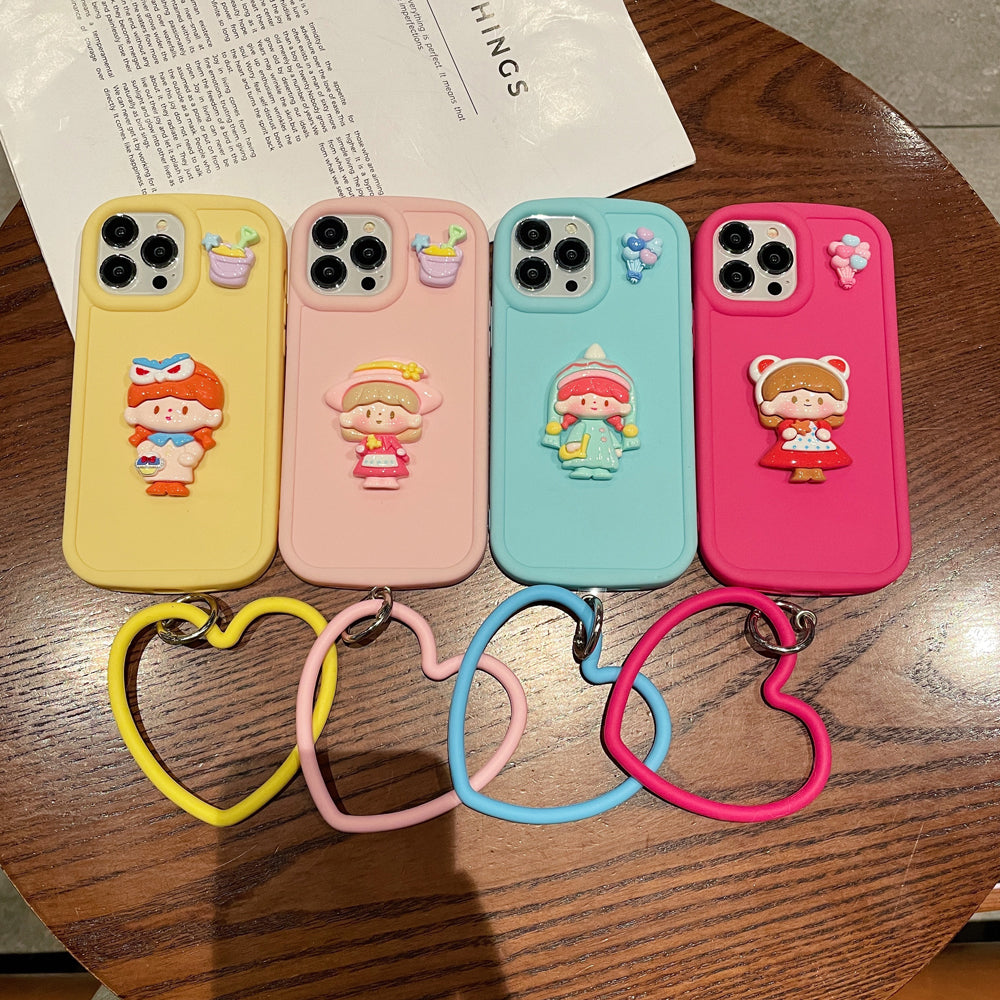 Cute Girl Cartoon 3D Princess Colored TPU (Soft) Phone Case with Heart Shape Bracelet - iPhone 14 Pro Max