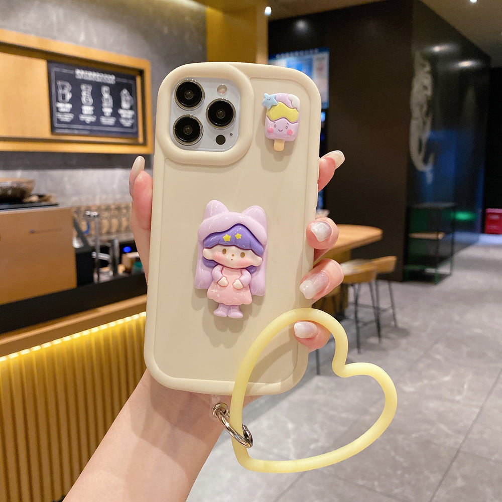 Cute Girl Cartoon 3D Princess Colored TPU (Soft) Phone Case with Heart Shape Bracelet - iPhone 12