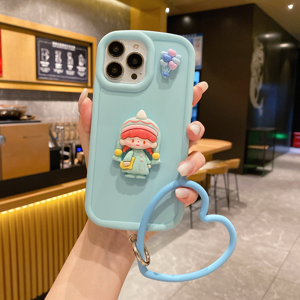 Cute Girl Cartoon 3D Princess Colored TPU (Soft) Phone Case with Heart Shape Bracelet - iPhone 12