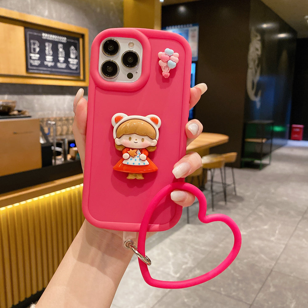 Cute Girl Cartoon 3D Princess Colored TPU (Soft) Phone Case with Heart Shape Bracelet - iPhone 12