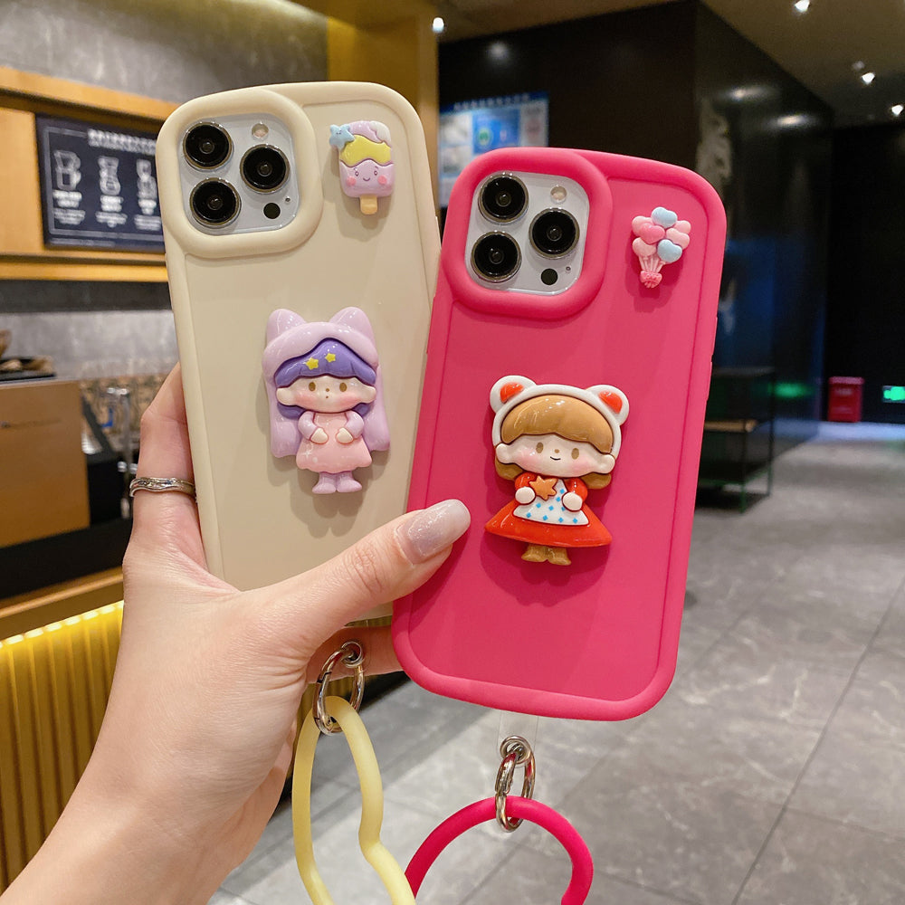 Cute Girl Cartoon 3D Princess Colored TPU (Soft) Phone Case with Heart Shape Bracelet - iPhone 12