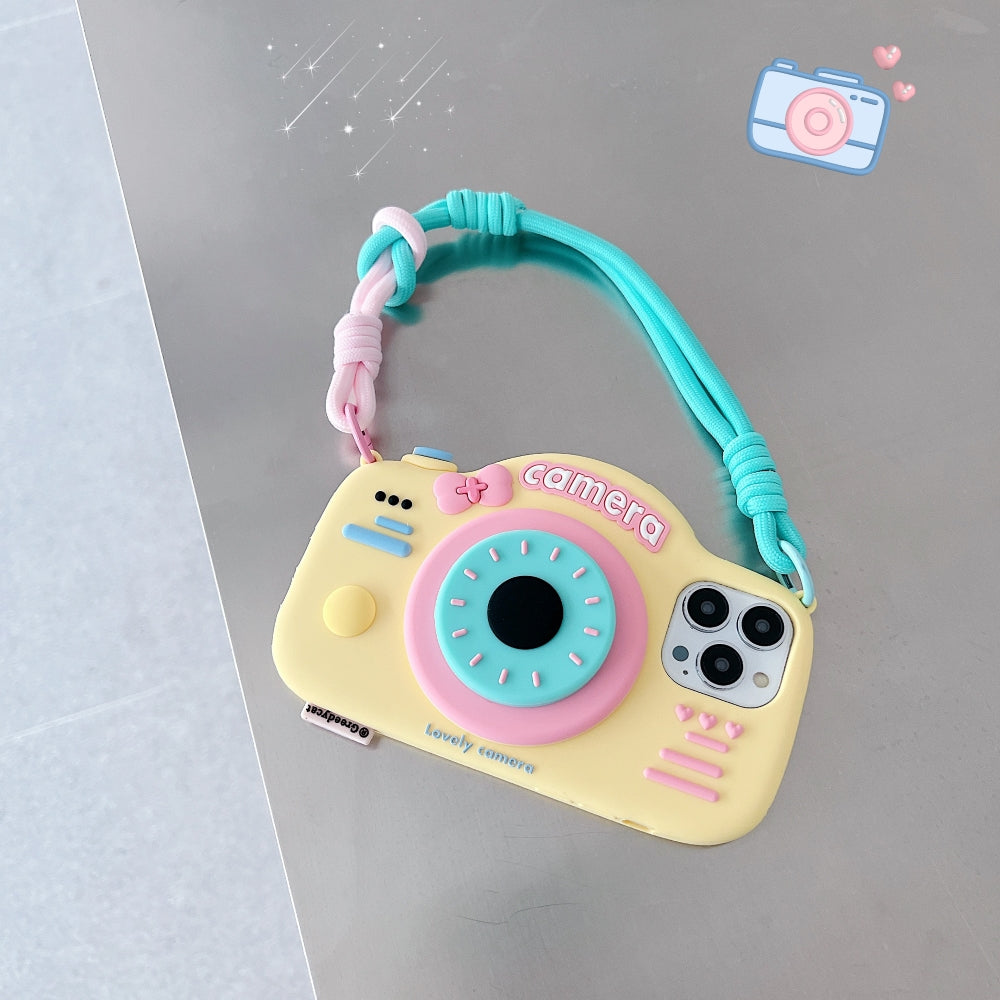 Retro Camera Shape Stand Phone Case With Lanyard Strap - iPhone 15 Pro