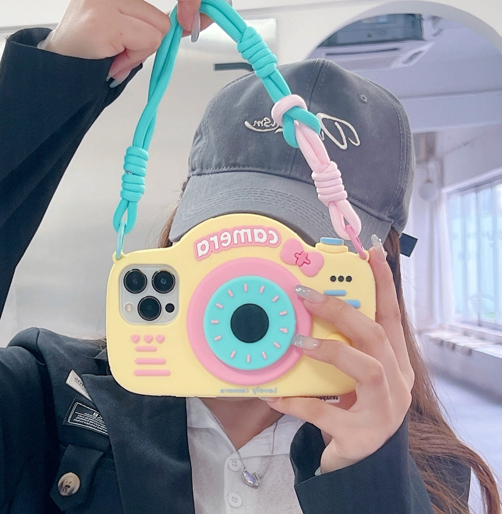 Retro Camera Shape Stand Phone Case With Lanyard Strap - iPhone 16 Pro