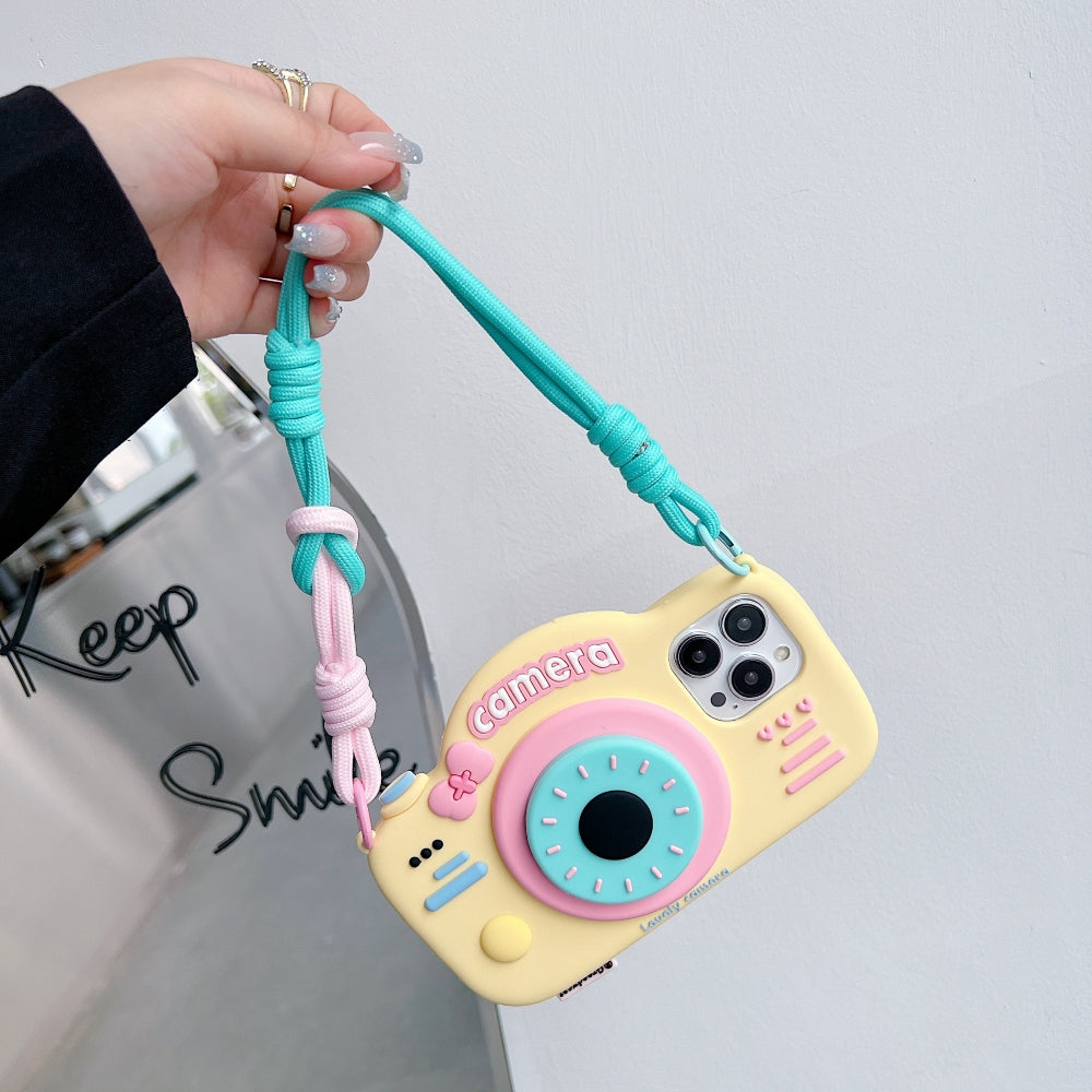 Retro Camera Shape Stand Phone Case With Lanyard Strap - iPhone 16 Pro Max