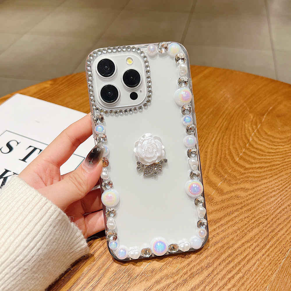 Rose Flower Bling Diamond and Pearl Border Transparent Phone Case - iPhone 14