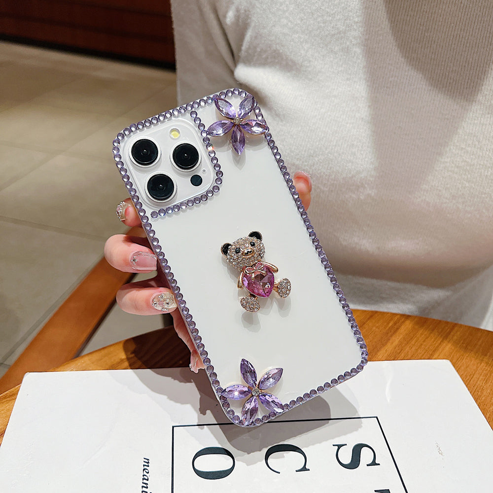 Crystal Stone Bear Heart Bling Flower Transparent Phone Case - iPhone 14